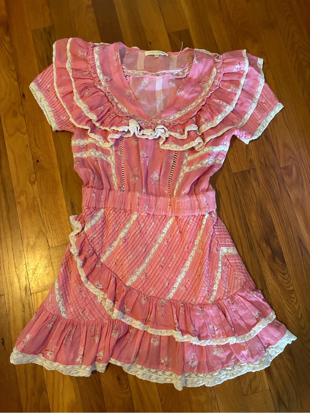 LoveShackFancy Pink Ruffled Mini Dress with Lace